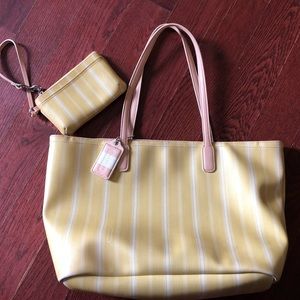 Yellow striped coach tote with matching wristlet